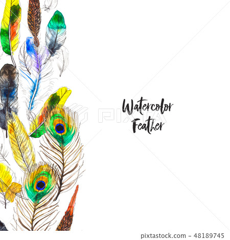 Watercolor frame with colorful feathers on... - Stock Illustration ...