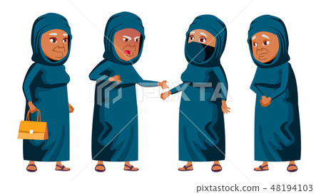 Arab, Muslim Old Woman Poses Set Vector. Elderly People. Senior Person. Aged. Funny Pensioner 48194103