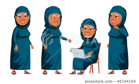 Arab, Muslim Old Woman Poses Set Vector. Elderly People. Senior Person. Aged. Friendly Grandparent 48194104