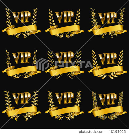 Set of gold vip monograms for graphic design on black background. 48195023