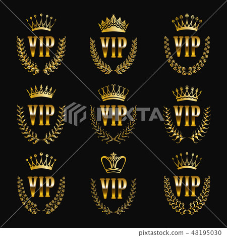 Set of gold vip monograms for graphic design on black background. 48195030