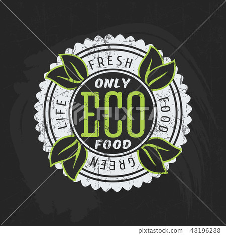 Logo of healthy organic natural food on blackboard 48196288