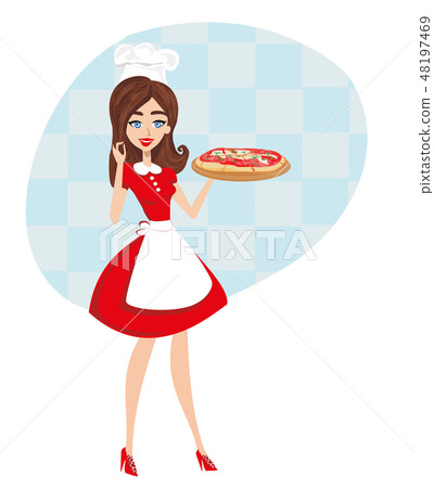 beautiful waitress serves pizza beautiful waitress serves pizza 48197469