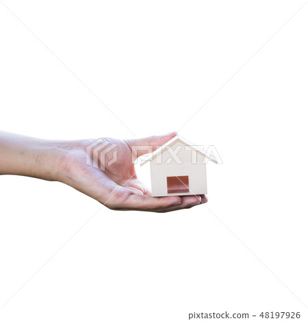 Cropped on a man hand holding small wood house. Cropped on a man hand holding small wood house. 48197926