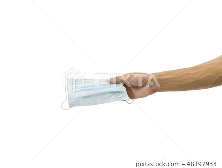 A man hand holding Surgical Ear-loop Mask isolated A man hand holding Surgical Ear-loop Mask isolated 48197933