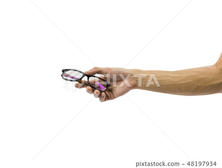 A man hand holding eye glasses isolated on white. A man hand holding eye glasses isolated on white. 48197934