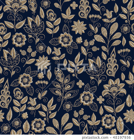 Embroidery seamless pattern with beautiful flowers. Vector handmade floral ornament on dark 48197936