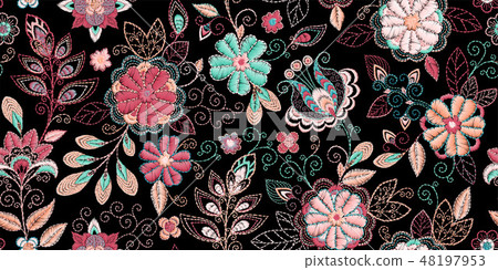 Embroidery seamless pattern with beautiful flowers. Vector handmade floral ornament on dark Embroidery seamless pattern with beautiful flowers. Vector handmade floral ornament on dark 48197953