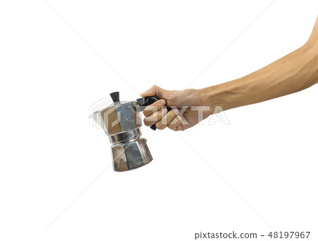 Close-up A man hand holding moka pot isolated. 48197967