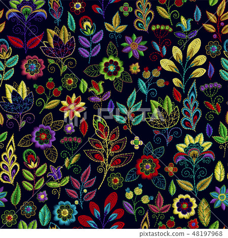 Embroidery seamless pattern with beautiful flowers. Vector handmade floral ornament on dark 48197968