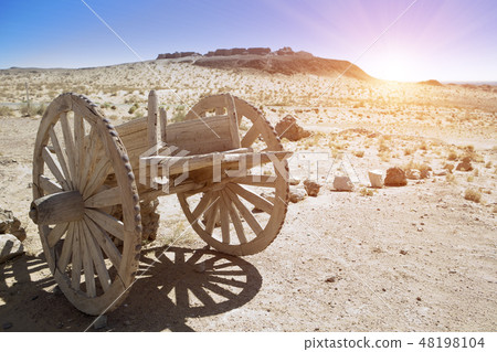 wagon wheels in the Kyzyl Kum desert, Uzbekistan 48198104