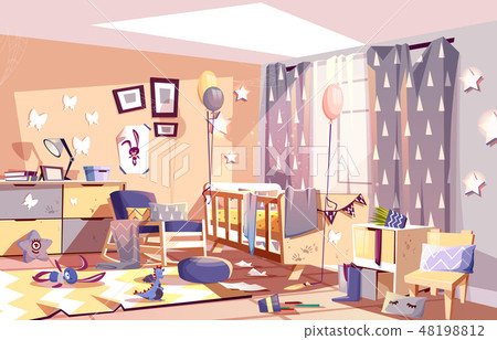 Messy child bedroom sunny interior cartoon Messy child bedroom sunny interior cartoon 48198812