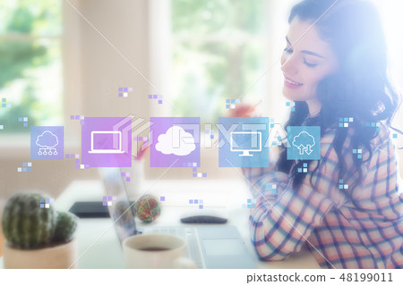 Cloud computing with young woman Cloud computing with young woman 48199011