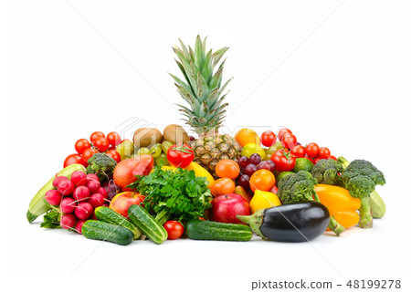 set fruits and vegetables with pineapple in center 48199278