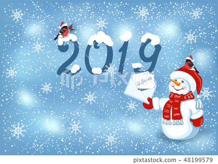 Christmas card with Snowman in Santa cap Christmas card with Snowman in Santa cap 48199579