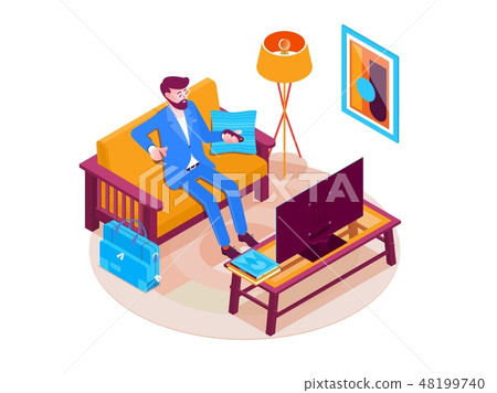 Man Booking Hotel Reservation.Vector isometric hotel room concept.Landing page template Man Booking Hotel Reservation.Vector isometric hotel room concept.Landing page template 48199740