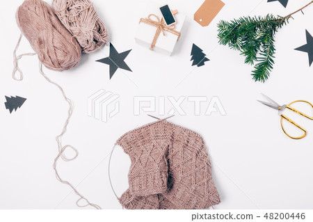Flat lay composition handmade knit sweater 48200446