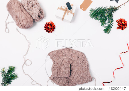 Flat lay composition handmade knitted cloth 48200447