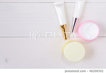 cosmetic and skin care product on white wood table 48200502
