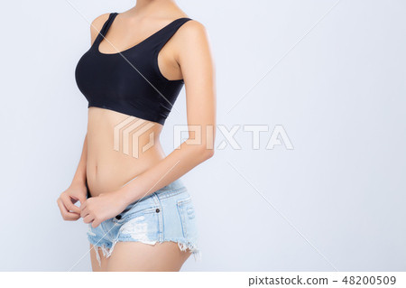 Closeup asian woman beautiful body diet with fit 48200509