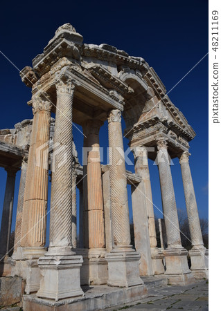 Turkish World Heritage Aphrodisius ruin tetrapylon oblique sideways Turkish World Heritage Aphrodisius ruin tetrapylon oblique sideways 48211169