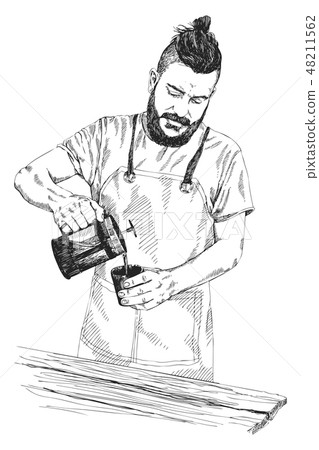 bearded barista in apron using shaker while working near coffee machine in  coffee shop Stock Photo by LightFieldStudios