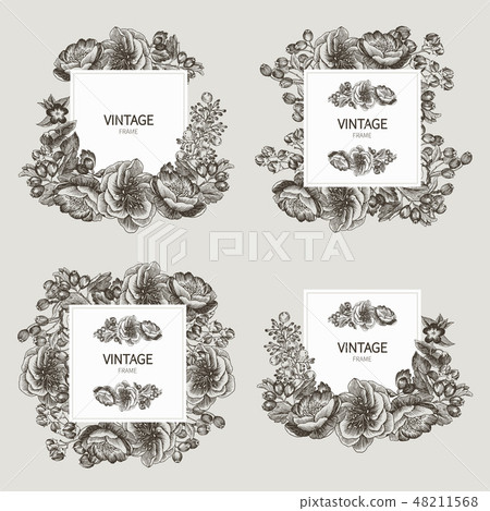 Beautiful card with a square frame with wreath of different plants of vintage garden and forest set 48211568