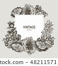 Beautiful card with a square frame with wreath of different plants of vintage garden and forest 48211571