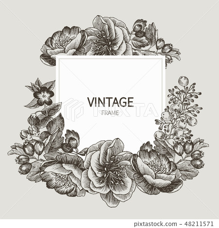 Beautiful card with a square frame with wreath of different plants of vintage garden and forest 48211571