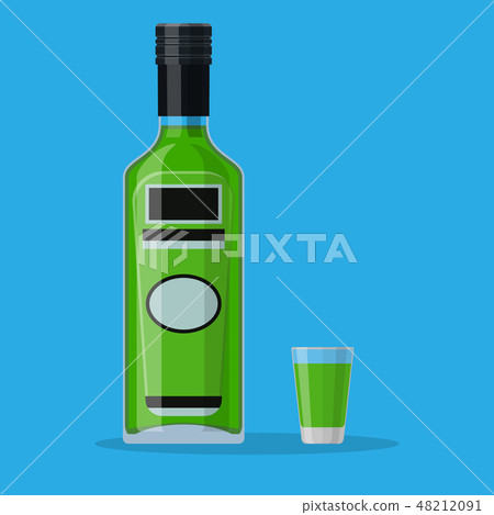 Bottle of absinthe with shot glass. 48212091