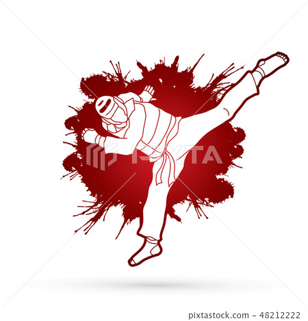 Taekwondo jump kick action with guard equipment  48212222