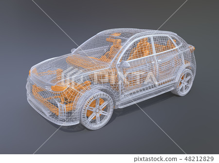 Image of SUV composed of silver and yellow wires in gray back 48212829