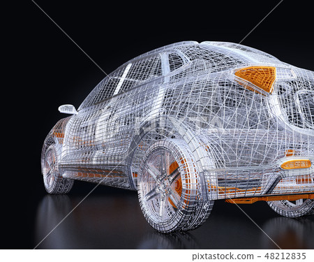 SUV的後方圖像組成由在黑色後面的銀色和黃色導線 SUV的後方圖像組成由在黑色後面的銀色和黃色導線 48212835