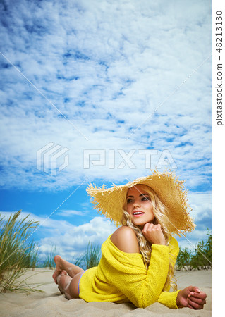 Beach woman funky happy and colorful wearing Beach woman funky happy and colorful wearing 48213130