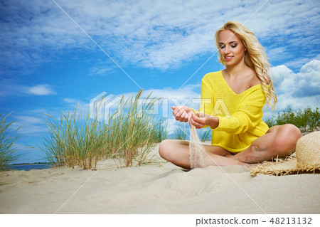 Beach woman funky happy and colorful wearing Beach woman funky happy and colorful wearing 48213132