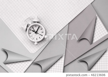 School notebooks and alarm clock, flat lay. Top view. Concept of of starting school, back to school 48213606