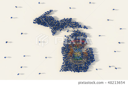 Large group of people forming Michigan flag map in The United St 48213654