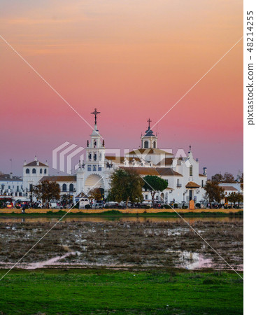 El Rocio village church at dusk with pink sky 48214255
