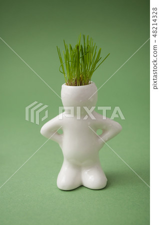 white pot in shaped man with grass in his head white pot in shaped man with grass in his head 48214328