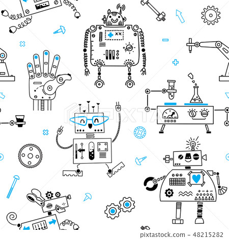 Seamless pattern with cute Robots and Robotics. Vector illustration Seamless pattern with cute Robots and Robotics. Vector illustration 48215282
