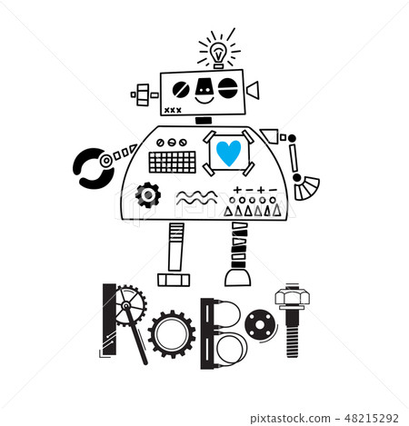 little cute robot and the inscription of the details and gears. Vector illustration little cute robot and the inscription of the details and gears. Vector illustration 48215292