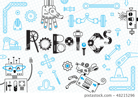 Robotics for kids. Banner or card. Robots and details for construction. Vector illustration 48215296