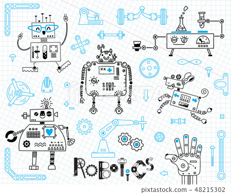 Robotics for kids. Set of design elements. Robots and details for construction. Vector illustration 48215302