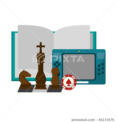 Book open with portable videogame and chess pieces 48215676