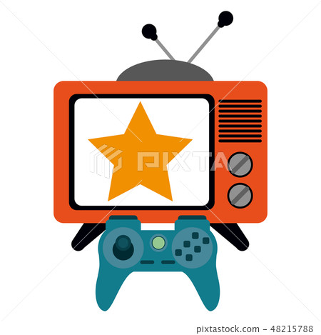 Old tv with star on screen and videogame gamepad Old tv with star on screen and videogame gamepad 48215788