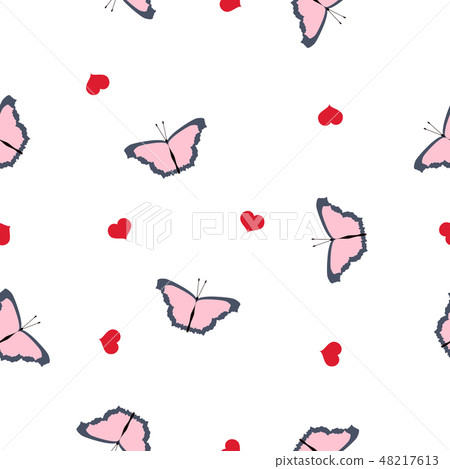 Seamless pattern pink butterflies, red hearts Seamless pattern pink butterflies, red hearts 48217613