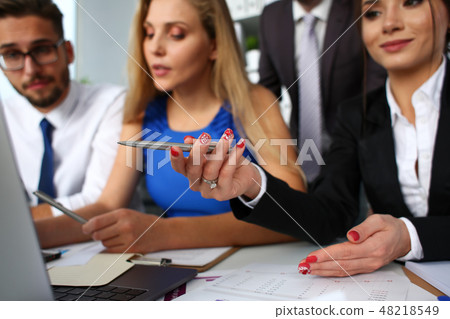 Group of people in office use laptop pc closeup 48218549