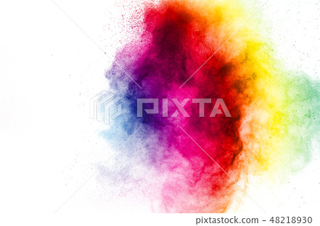 colored powder explosions on white background. colored powder explosions on white background. 48218930