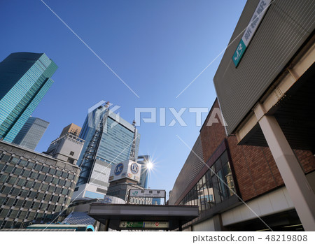 Tokyo cityscape landscape in Japan Looking over Shimbashi station and skyscrapers reflecting sunlight 48219808