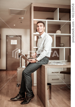 Businessman finishing speech for meeting being in hotel room 48220058